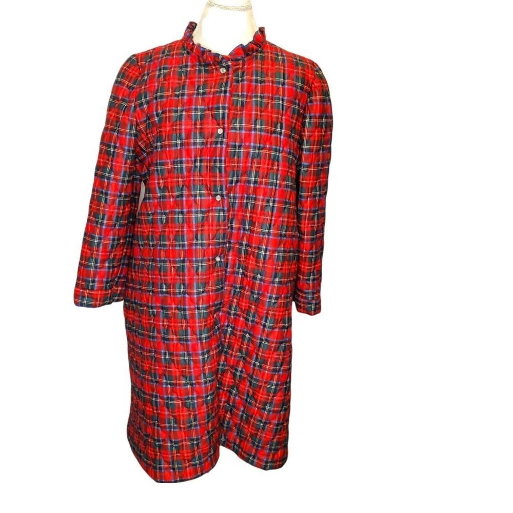Vintage Womens Red Green Christmas Plaid Quilted Insulated Housecoat Robe Sz M/L